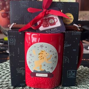 New, boxed, Rae Dunn Red Gryffindor Mug with Lion Design. Mug and wand set.